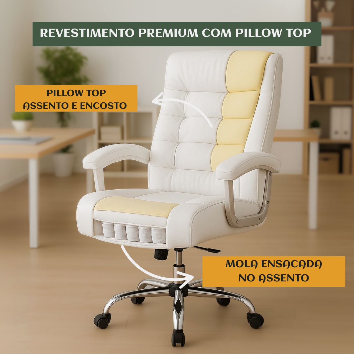 Cadeira De Escritório Miami Preta Presidente Ergonômica Tecnológica Com 42 Molas Ensacadas Revestimento Pillow Top LuvinCo