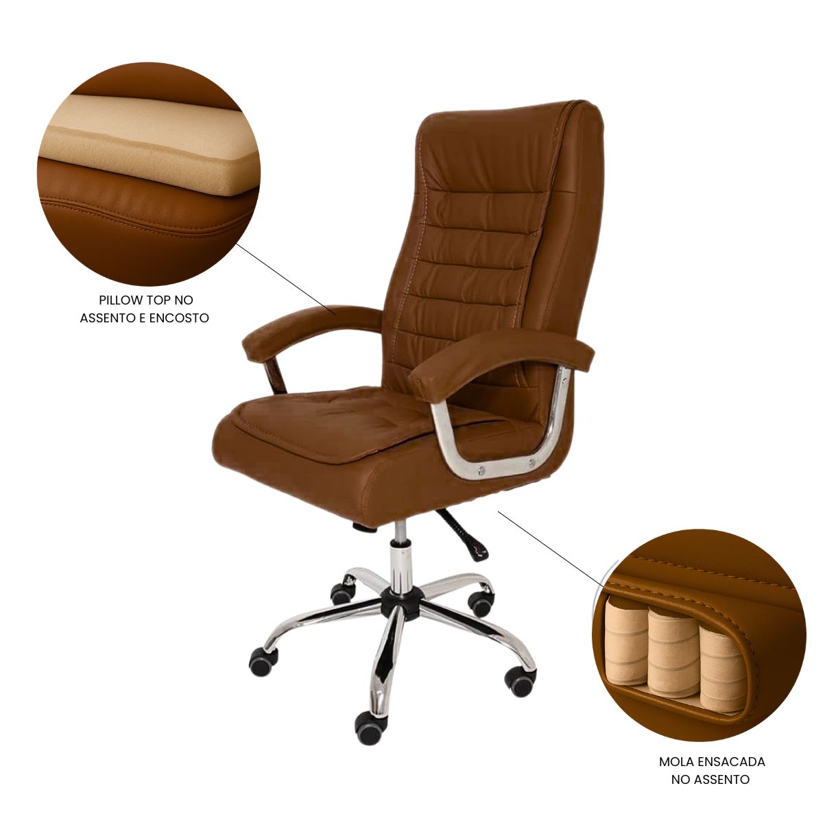 Cadeira De Escritório Miami Preta Presidente Ergonômica Tecnológica Com 42 Molas Ensacadas Revestimento Pillow Top LuvinCo