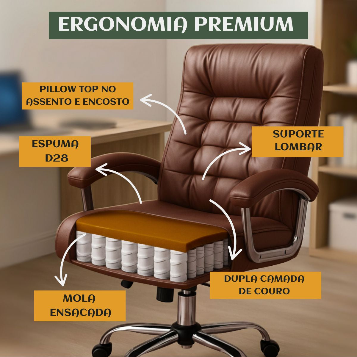 Cadeira De Escritório Miami Preta Presidente Ergonômica Tecnológica Com 42 Molas Ensacadas Revestimento Pillow Top LuvinCo