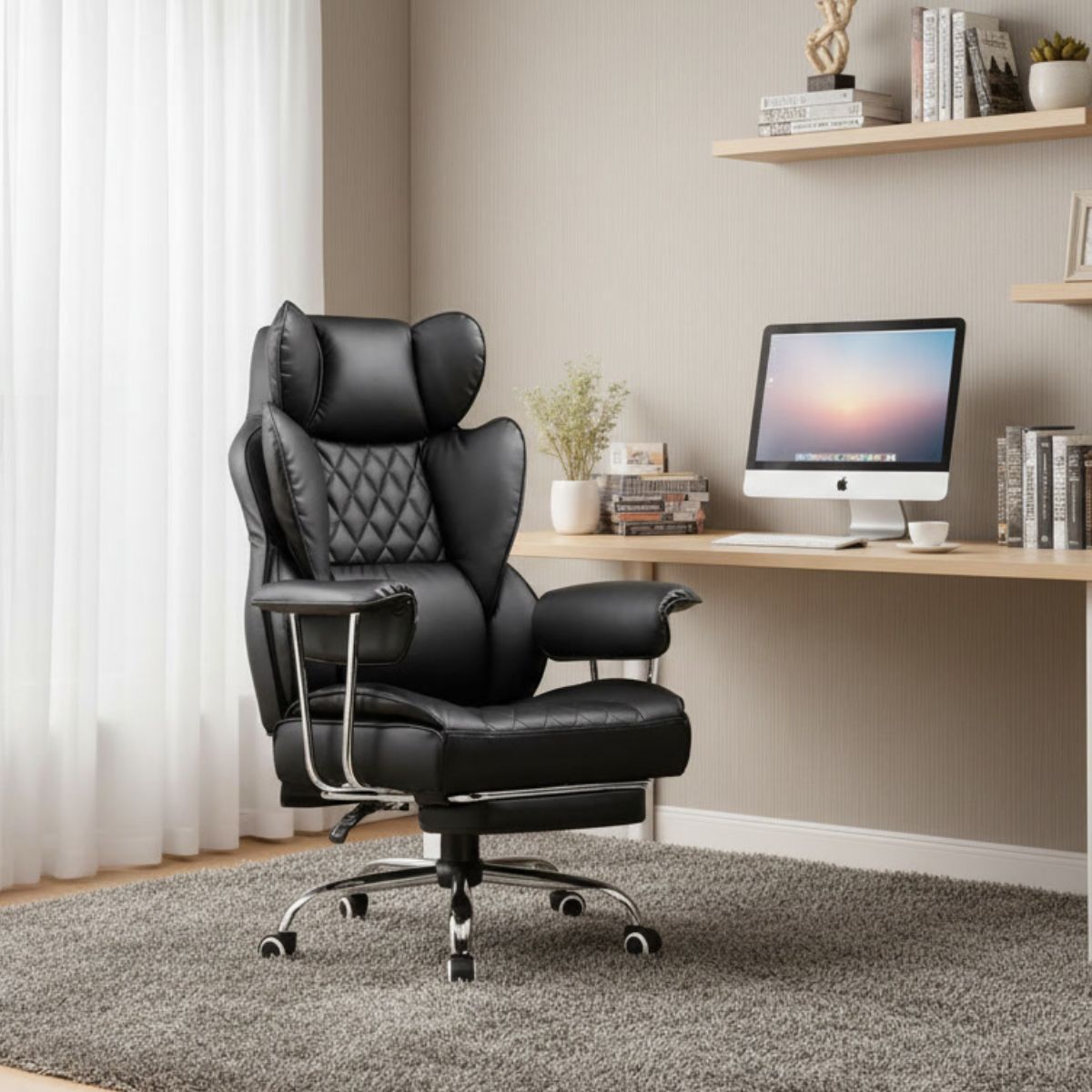Cadeira de Escritorio Poltrona Luxemburgo Gamer Ergonômica Couro Sintético Tecnológica com Molas Ensacadas Reclinável Suporte Lombar Apoio de Pés e Braços Macio Resistente Suporta 200kg LuvinCo