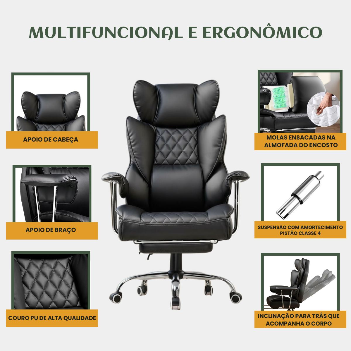 Cadeira de Escritorio Poltrona Luxemburgo Gamer Ergonômica Couro Sintético Tecnológica com Molas Ensacadas Reclinável Suporte Lombar Apoio de Pés e Braços Macio Resistente Suporta 200kg LuvinCo