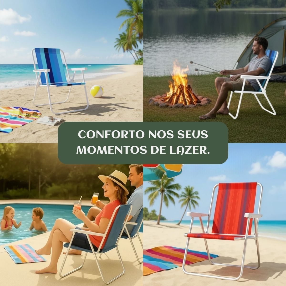 Cadeira De Praia Dobrável Aço Cores Sortidas Aço Resistente Estrutura Reforçada Leve Praia Piscina Camping Lazer Luvinco