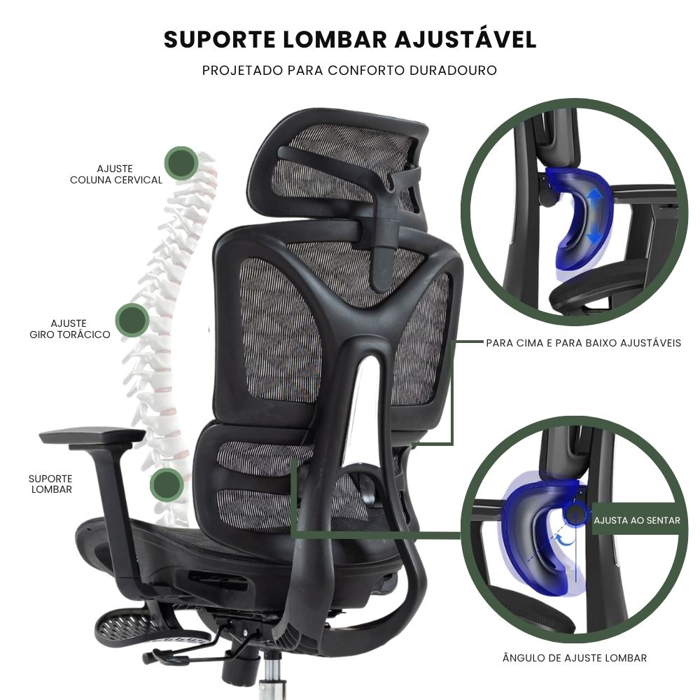 Cadeira Escritório Ergonômica Executiva Premium Dinamarca Bt03 Luvinco Cor Preto Suporte Lombar Adaptável Com Apoio De Perna Retrátil Material Do Estofamento Mesh Malha Respirável Nr17 Suporta 200kg