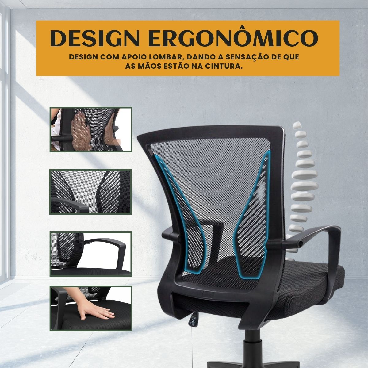 Cadeira Escritório Ergonômica Lyon Presidente Com Apoio De Braço Suporte Lombar Malha Respirável Luvinco Preto