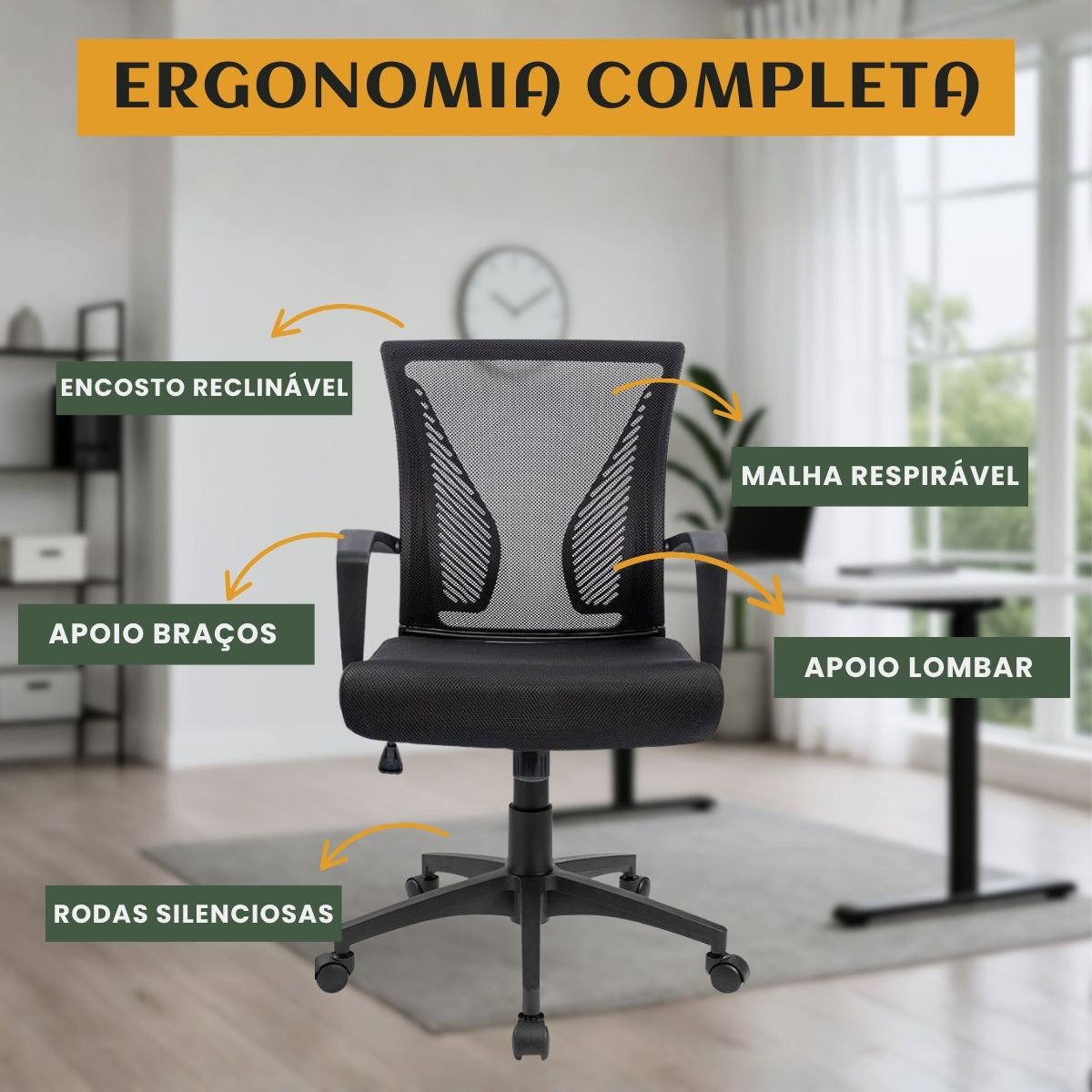 Cadeira Escritório Ergonômica Lyon Presidente Com Apoio De Braço Suporte Lombar Malha Respirável Luvinco Preto