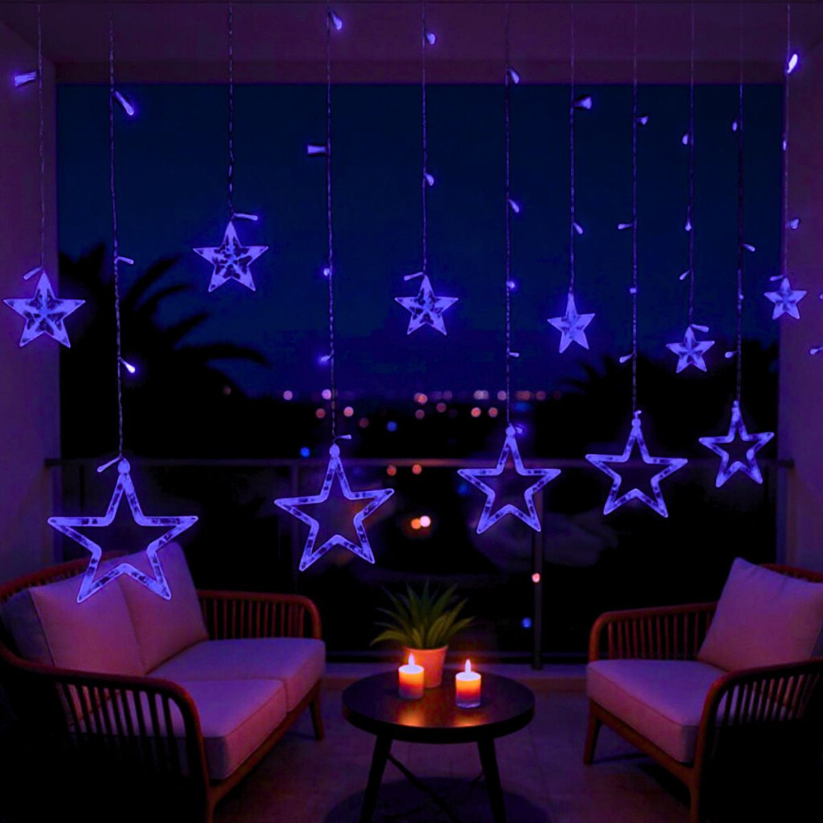 Cascata Estrela Led Com Estrelas Decoração 8 Funções Natal Pisca