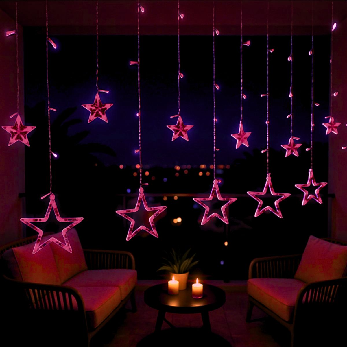 Cascata Estrela Led Com Estrelas Decoração 8 Funções Natal Pisca