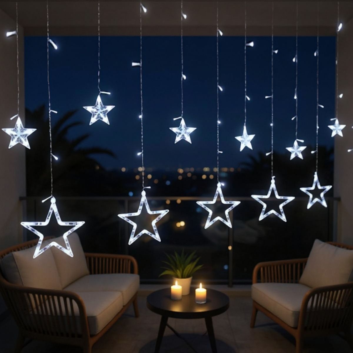 Cascata Estrela Led Com Estrelas Decoração 8 Funções Natal Pisca