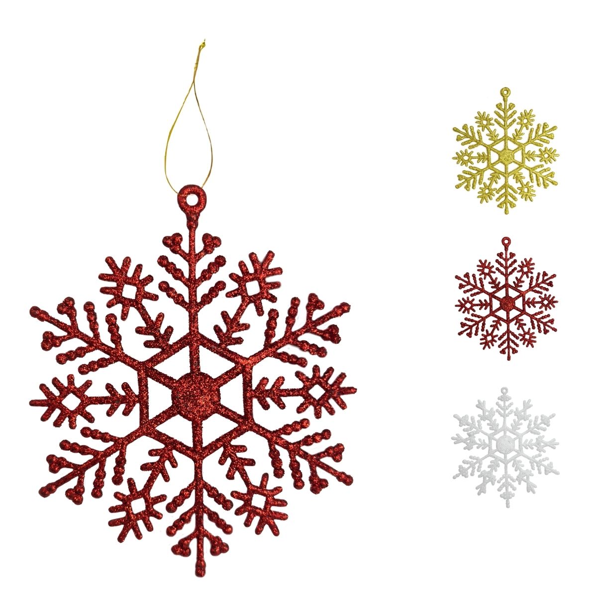 Flocos De Neve 10 Pendentes Grande C/ Glitter Decoração Enfeite Árvore Natal Branco/Vermelho/Dourado