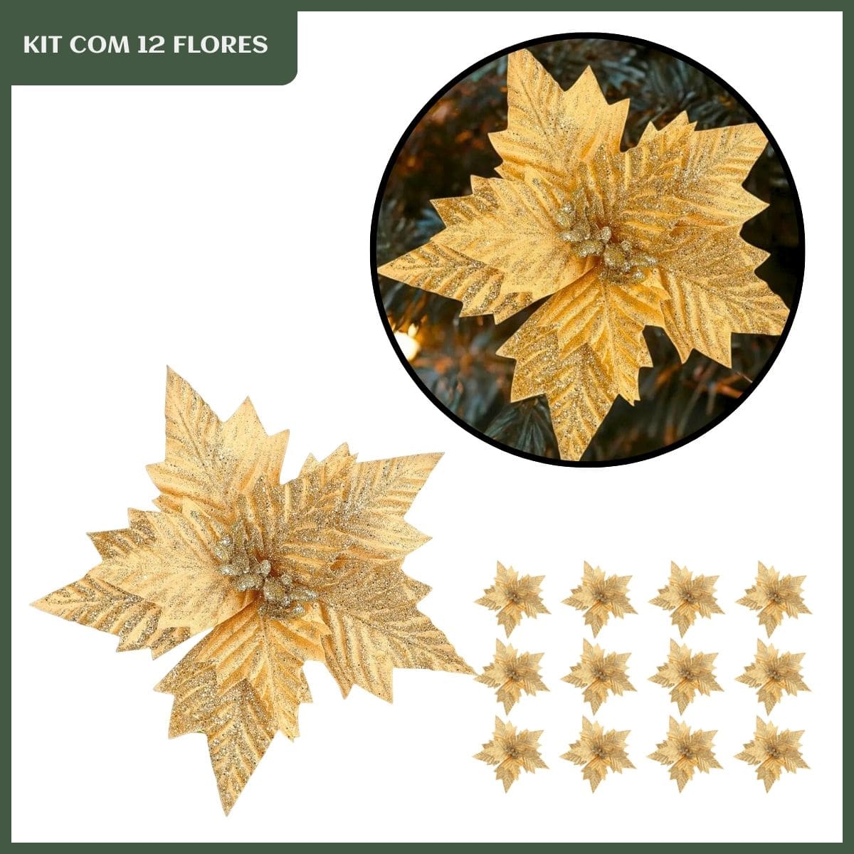 Kit 12 Flores Artificial Decoração Enfeite Árvore Natal Luxo LuvinCo