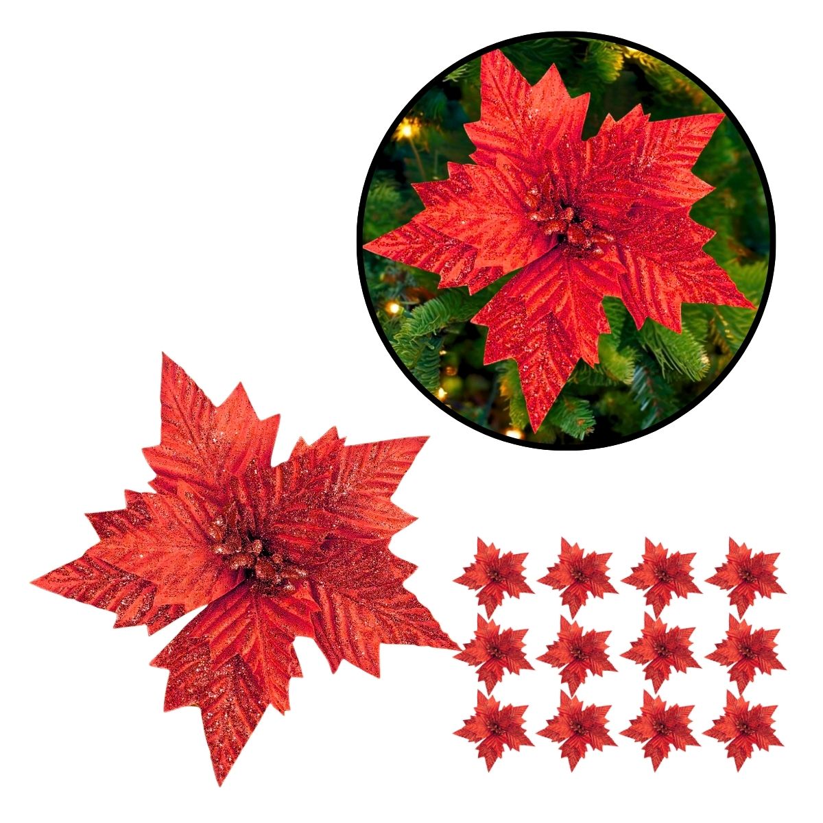 Kit 12 Flores Artificial Decoração Enfeite Árvore Natal Luxo LuvinCo