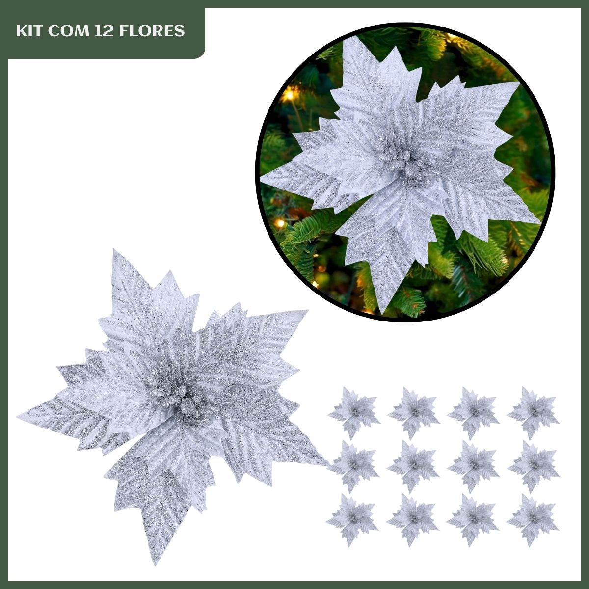 Kit 12 Flores Artificial Decoração Enfeite Árvore Natal Luxo LuvinCo