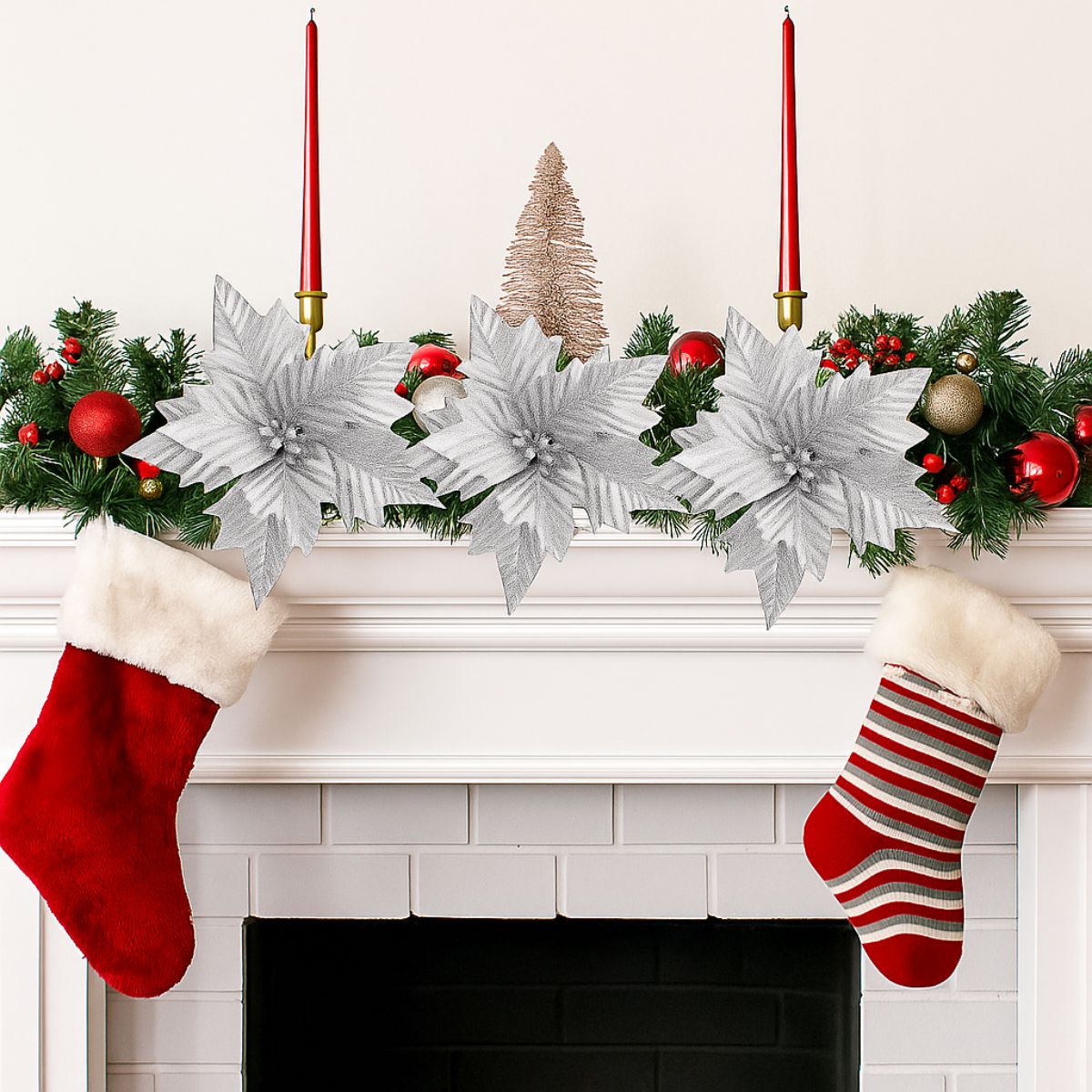 Kit 12 Flores Artificial Decoração Enfeite Árvore Natal Luxo LuvinCo