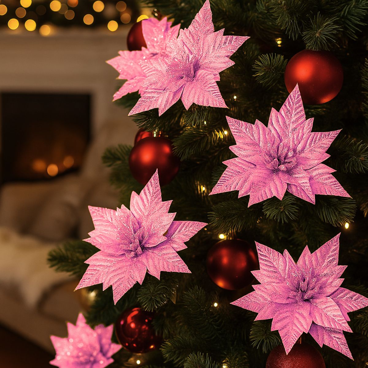 Kit 12 Flores Artificial Decoração Enfeite Árvore Natal Luxo LuvinCo