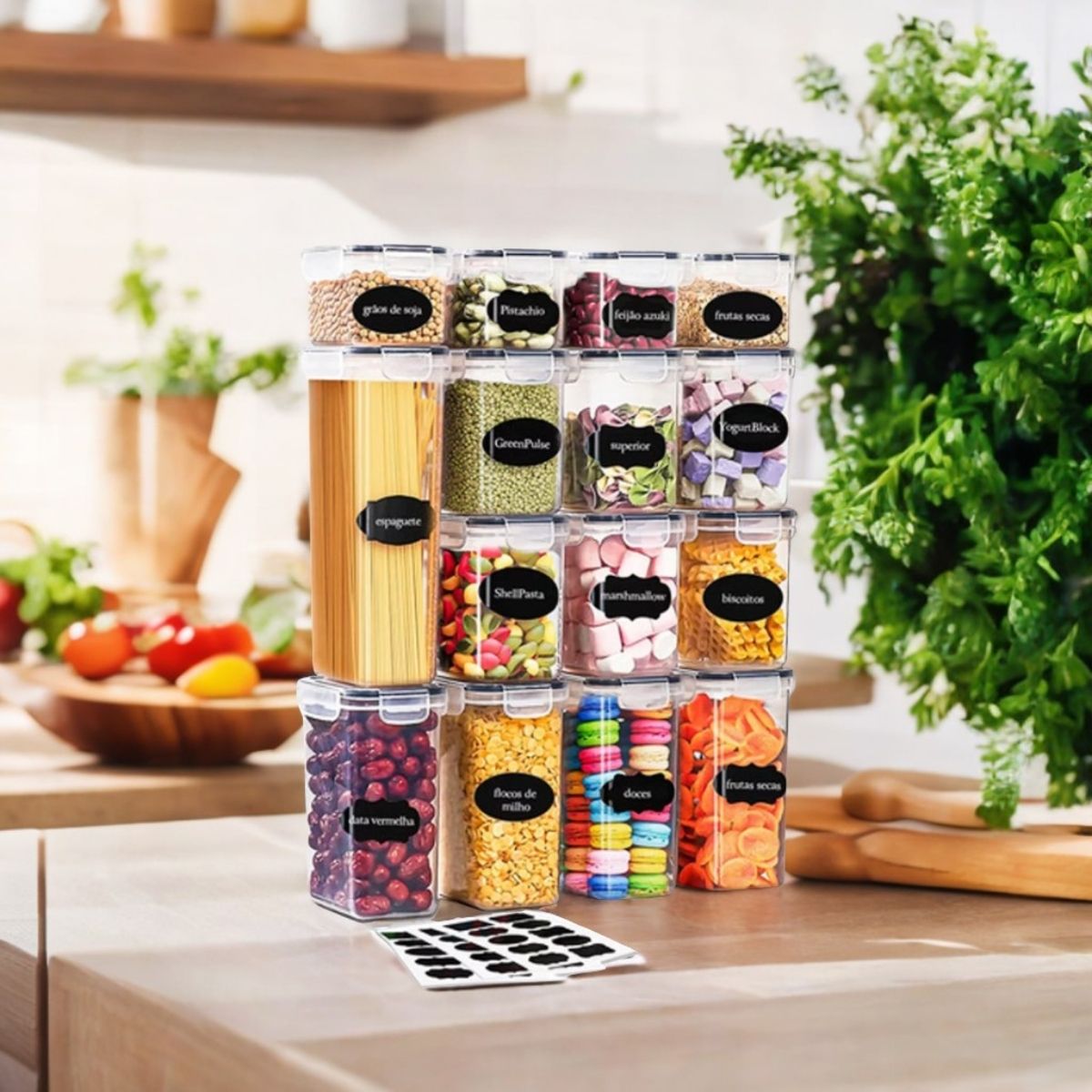 Kit 15 Potes Herméticos Mantimentos Quadrado Cozinha Tampa Trava Recipientes De Organização Luvinco