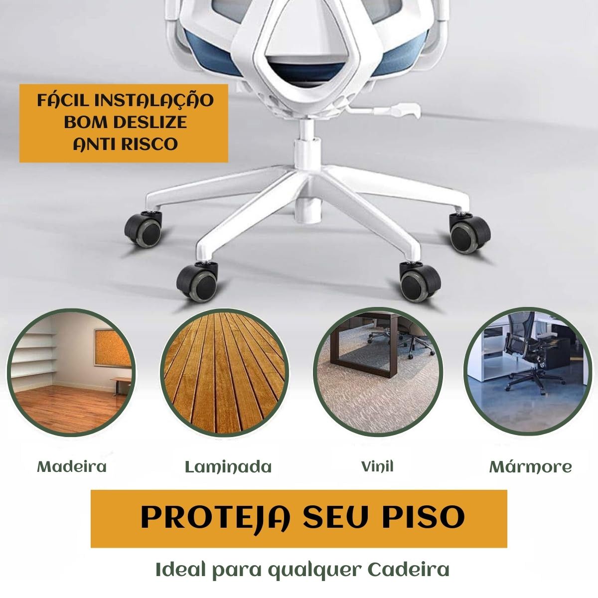 Kit 5 Rodinhas Cadeira Escritório Luvinco Antirisco Rodízio Resistente Silicone Pu