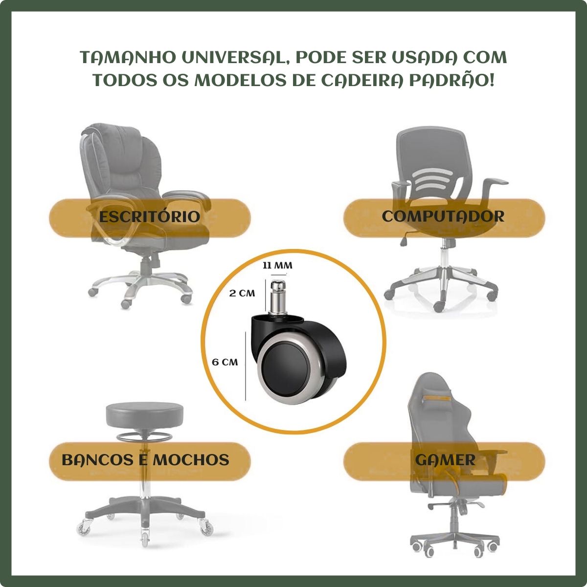 Kit 5 Rodinhas Cadeira Escritório Luvinco Antirisco Rodízio Resistente Silicone Pu