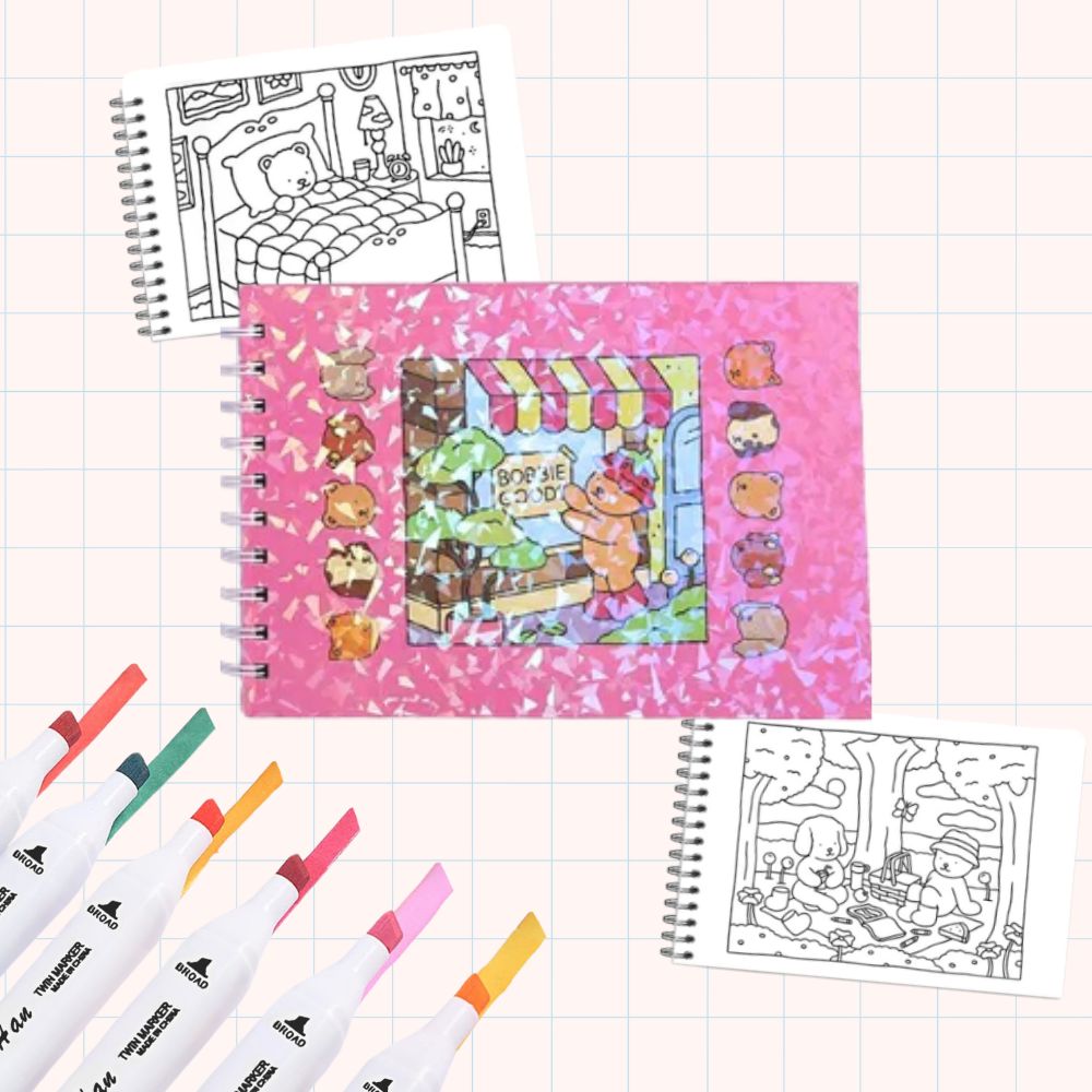 Livros Bobbie Goods para Colorir Infantil Desenho Capa Holográfica Dura 50 Folhas Rosa/Azul/Roxo/Verde