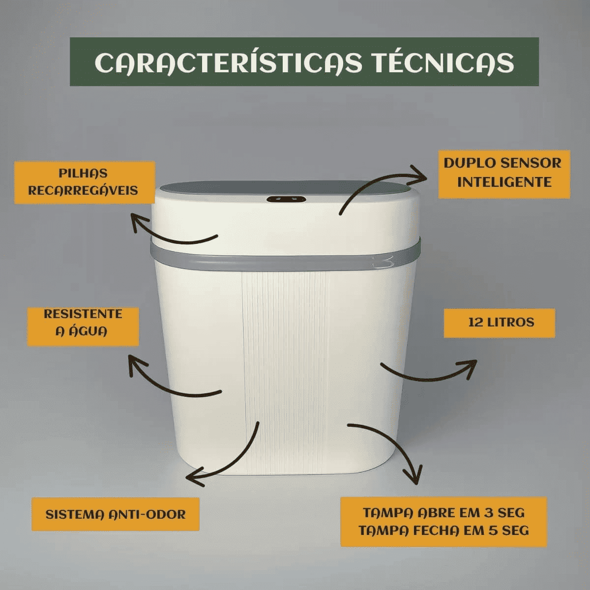 Lixeira Inteligente 12 Litros Grande Automática Sensor Inteligente Aproximação Anti-odor Abrir e Fechar Com Pilhas Recarregáveis E Carregador Luvinco