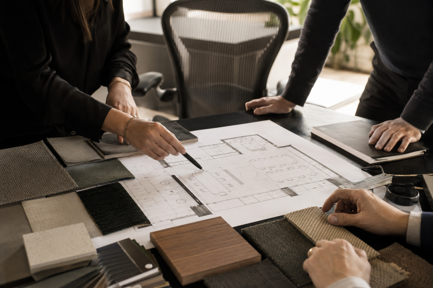 Translation missing: pt-BR.Equipe planejando um projeto corporativo com planta e amostras de materiais