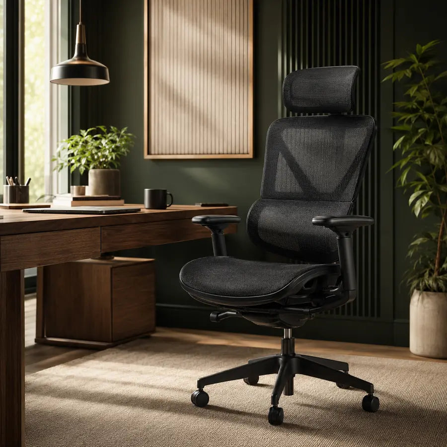 Cadeira ergonômica premium em escritório contemporâneo