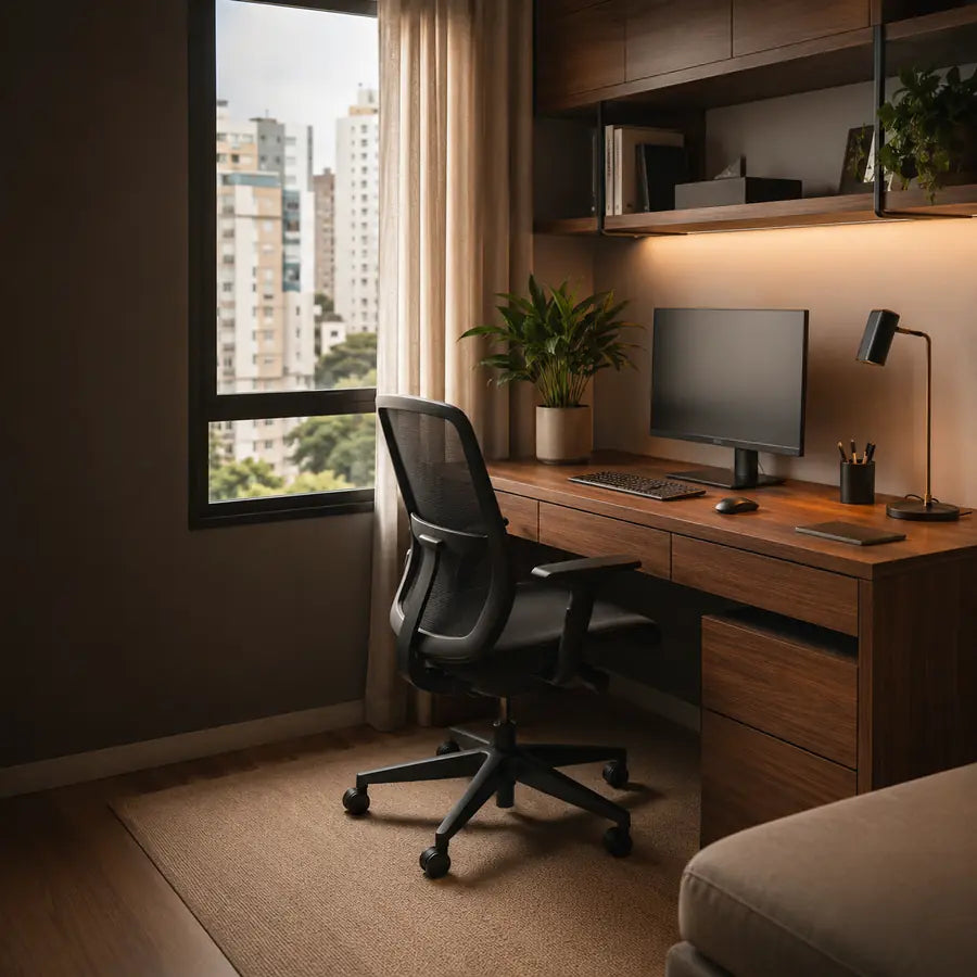 Home office compacto com mobiliário ergonômico e acabamento em madeira