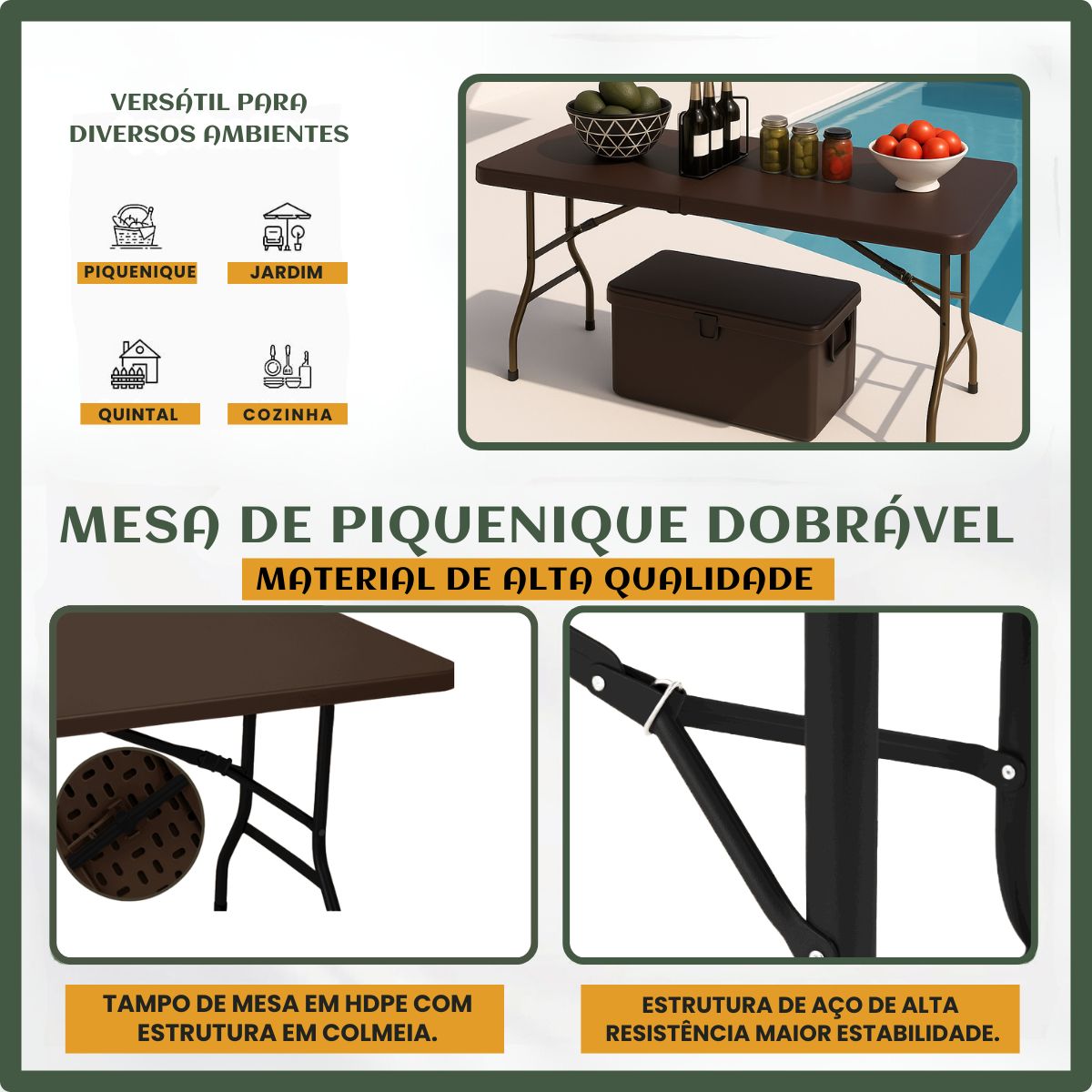 Mesa Dobrável Vira Maleta Com Alça Portátil 1.80m Para Camping Pesca Jardim Área Externa Ou Interna Salão De Festas Gourmet Luvinco