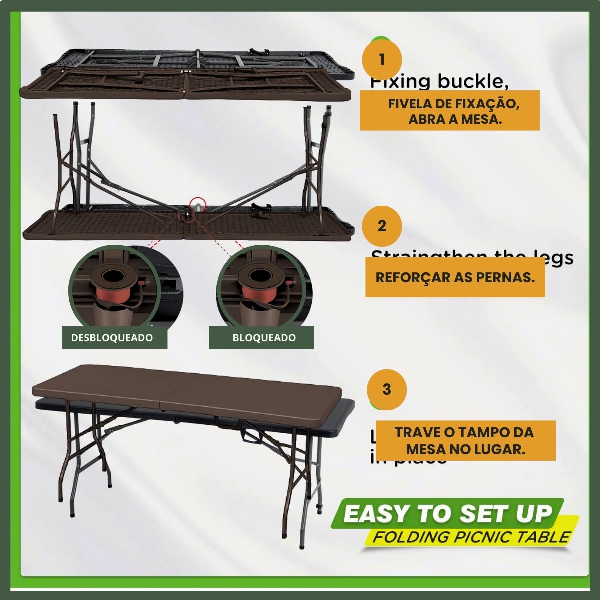 Mesa Dobrável Vira Maleta Com Alça Portátil 1.80m Para Camping Pesca Jardim Área Externa Ou Interna Salão De Festas Gourmet Luvinco