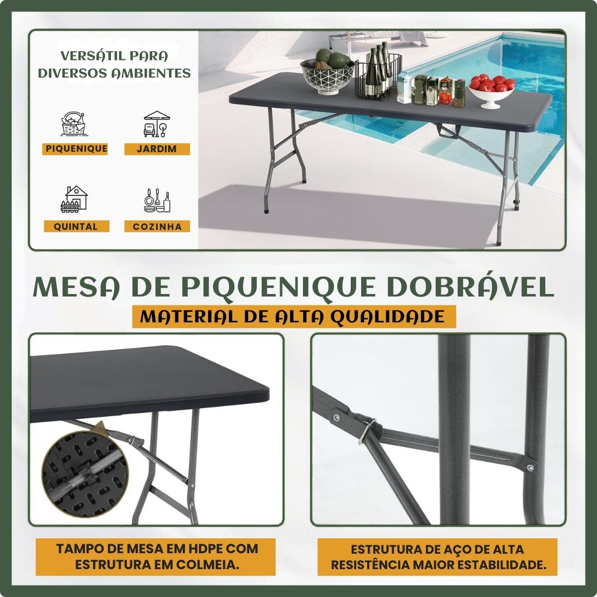 Mesa Dobrável Vira Maleta Com Alça Portátil 1.80m Para Camping Pesca Jardim Área Externa Ou Interna Salão De Festas Gourmet Luvinco