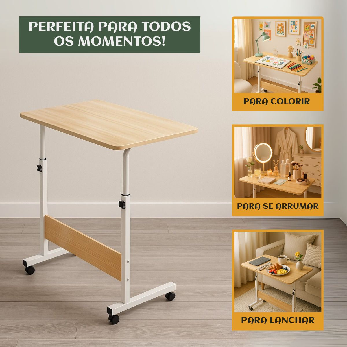 Mesa Notebook Ergonômica Multiuso Altura Regulável Rodinhas Mesa  de Canto Escrivaninha para Cama Sofá Ajustes LuvinCo