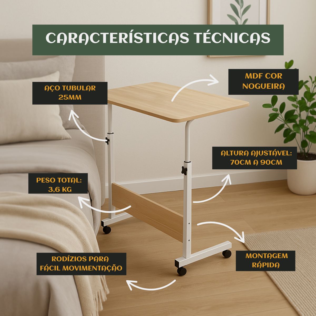 Mesa Notebook Ergonômica Multiuso Altura Regulável Rodinhas Mesa  de Canto Escrivaninha para Cama Sofá Ajustes LuvinCo