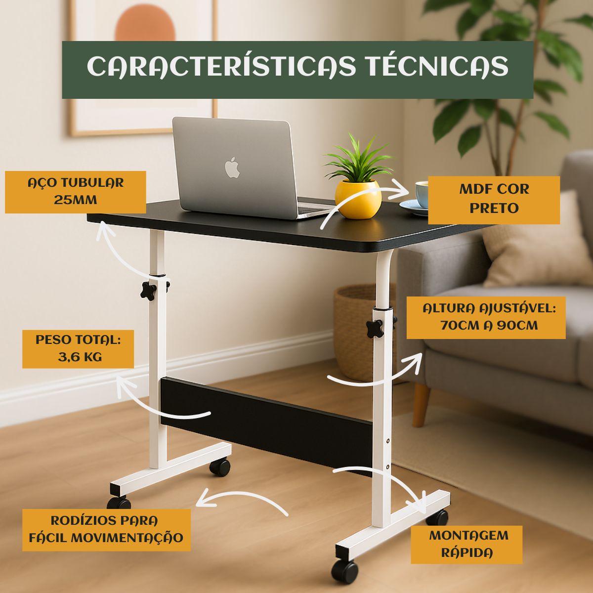 Mesa Notebook Ergonômica Multiuso Altura Regulável Rodinhas Mesa  de Canto Escrivaninha para Cama Sofá Ajustes LuvinCo