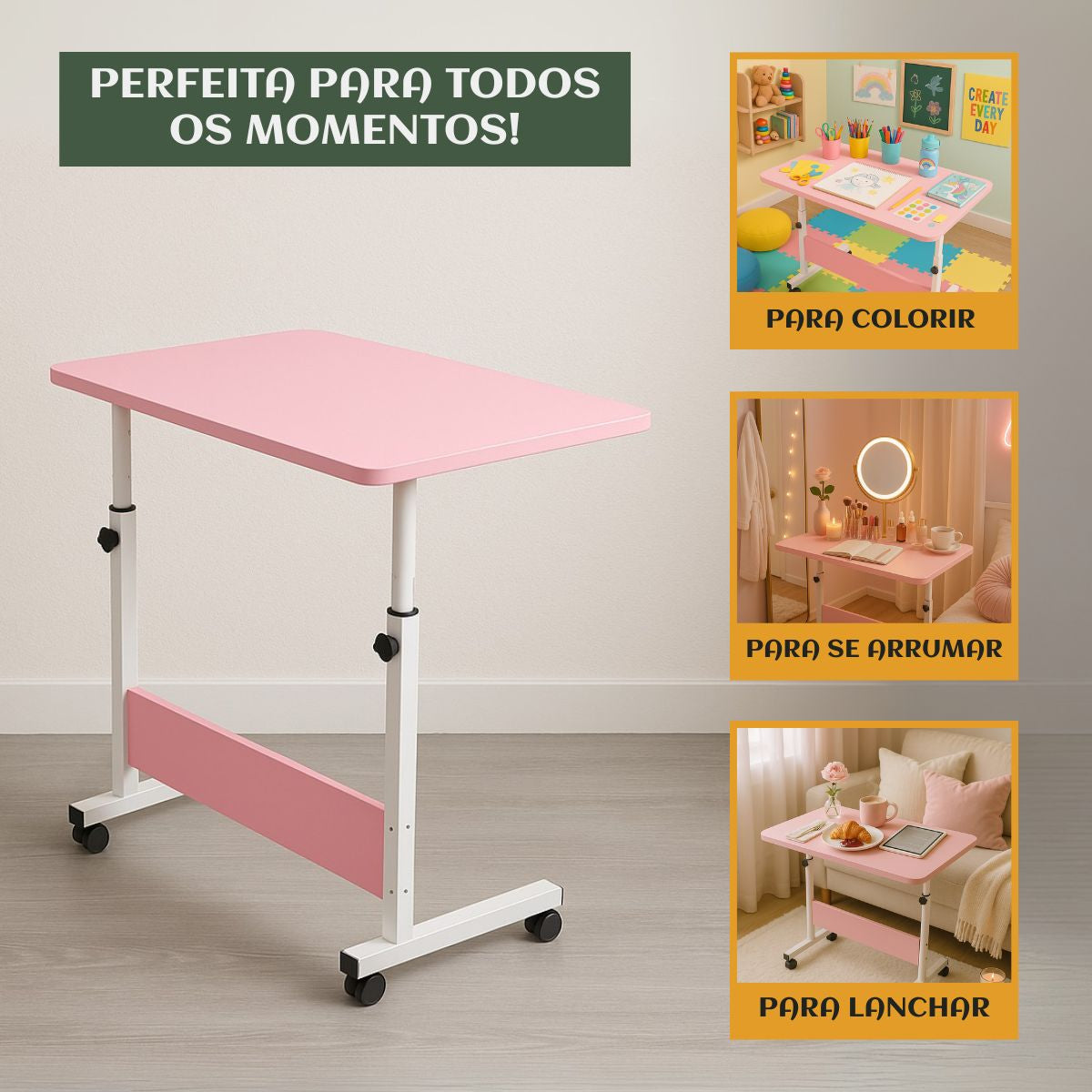 Mesa Notebook Ergonômica Multiuso Altura Regulável Rodinhas Mesa  de Canto Escrivaninha para Cama Sofá Ajustes LuvinCo