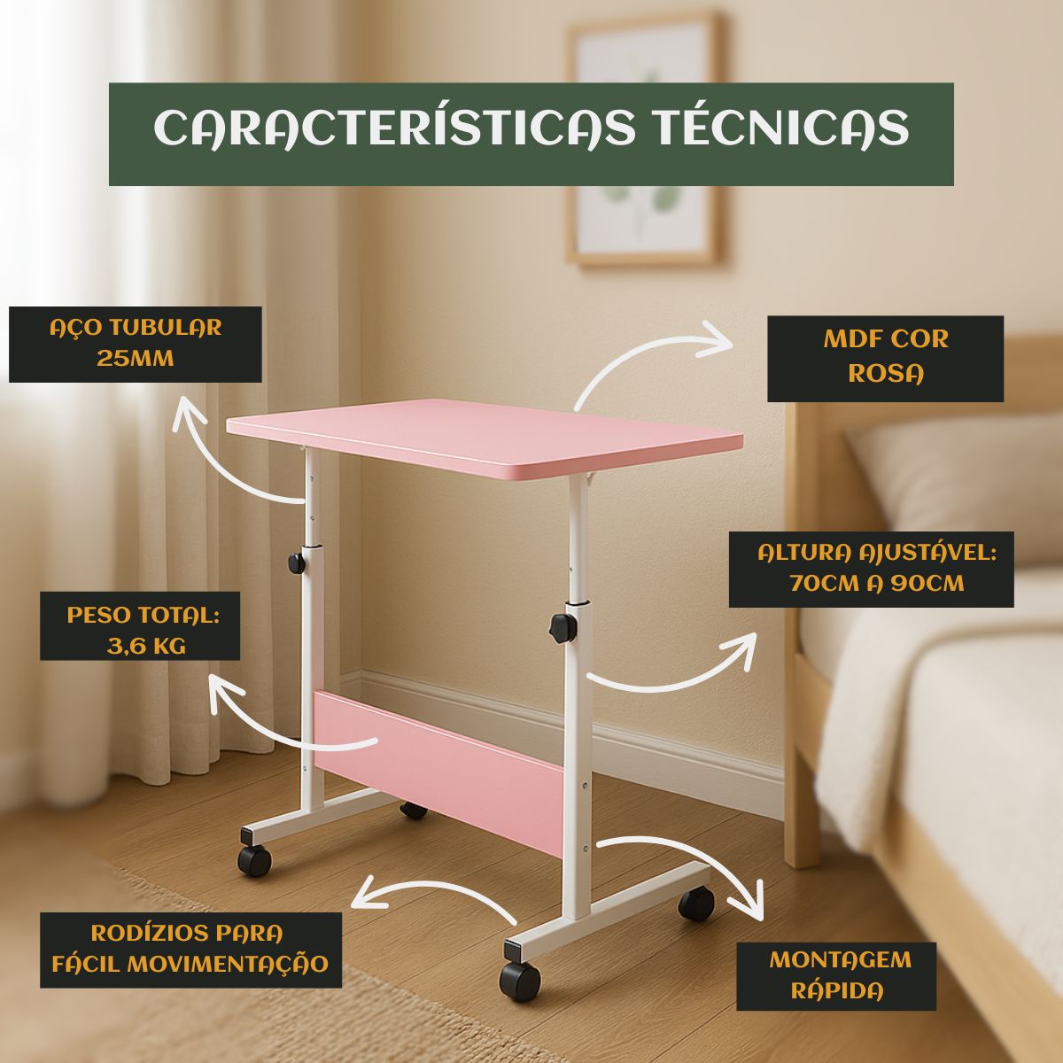 Mesa Notebook Ergonômica Multiuso Altura Regulável Rodinhas Mesa  de Canto Escrivaninha para Cama Sofá Ajustes LuvinCo
