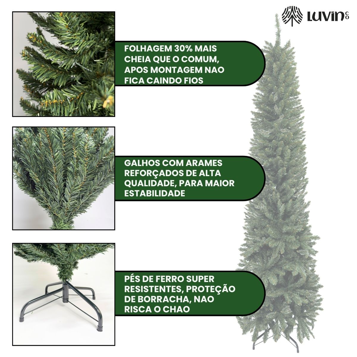 Árvore Natal Slim 1,50m 300 Galhos Pinheiro Tradicional Fina Luxo Cheia Luvinco