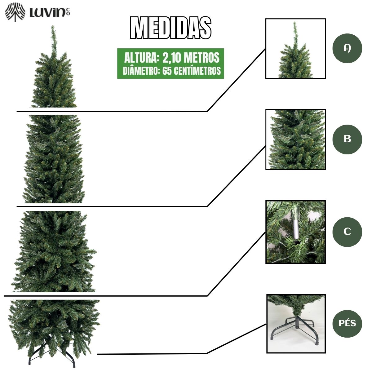 Árvore Natal Slim 2,40m 900 Galhos Pinheiro Tradicional Fina Luxo Cheia Luvinco