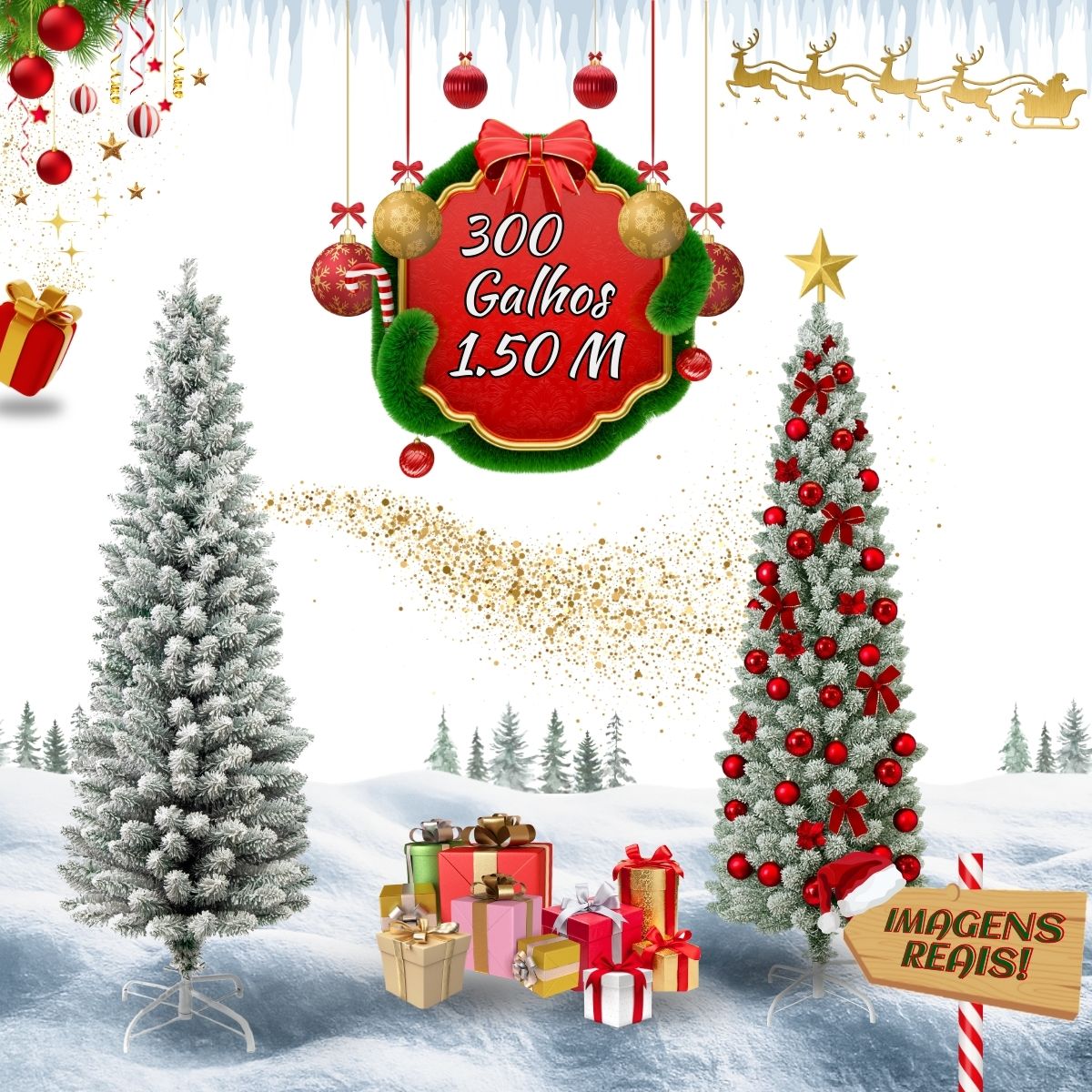 Árvore Natal Slim Nevada 1,50m 300 Galhos Pinheiro Tradicional Fina Luxo Cheia Luvinco
