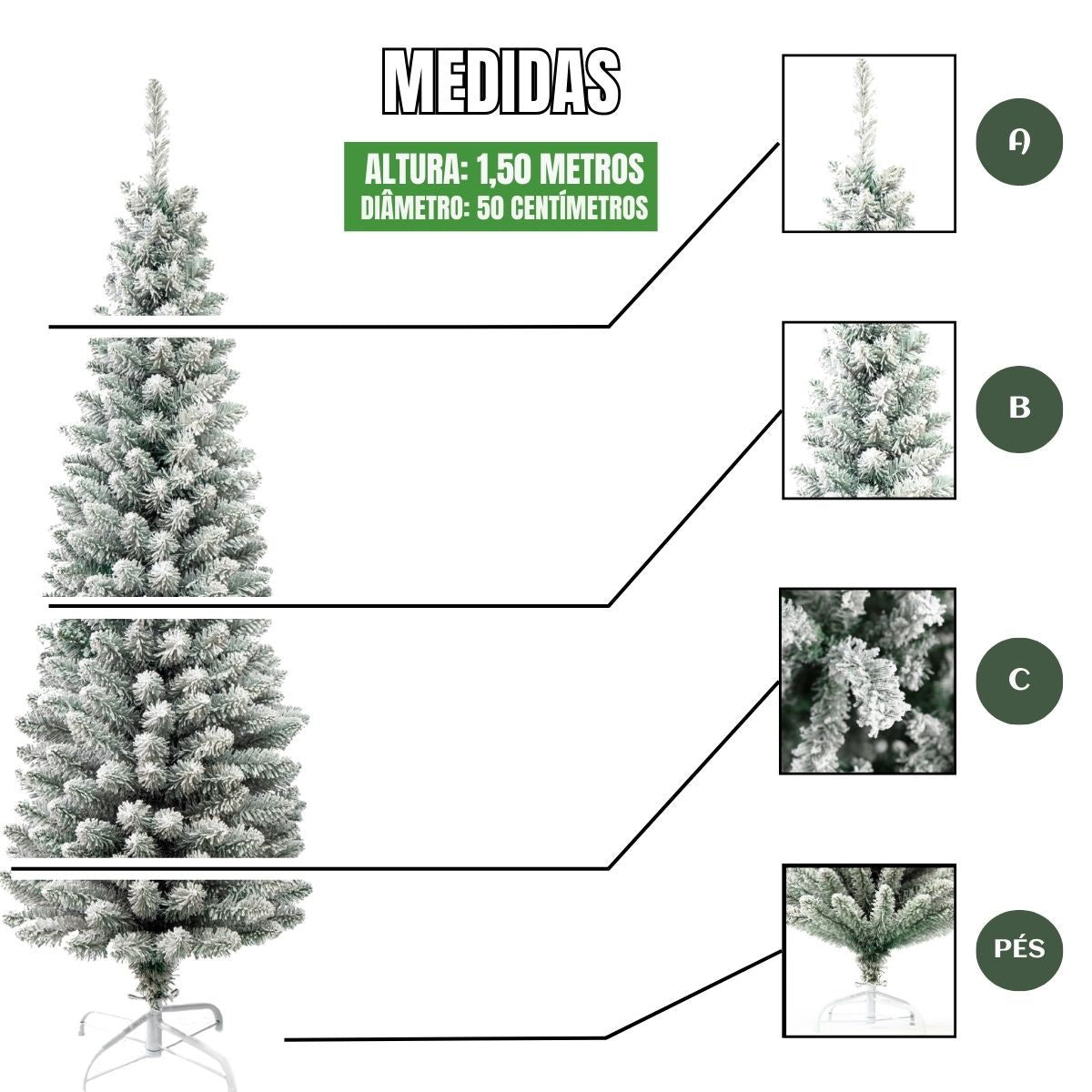 Árvore Natal Slim Nevada 1,50m 300 Galhos Pinheiro Tradicional Fina Luxo Cheia Luvinco