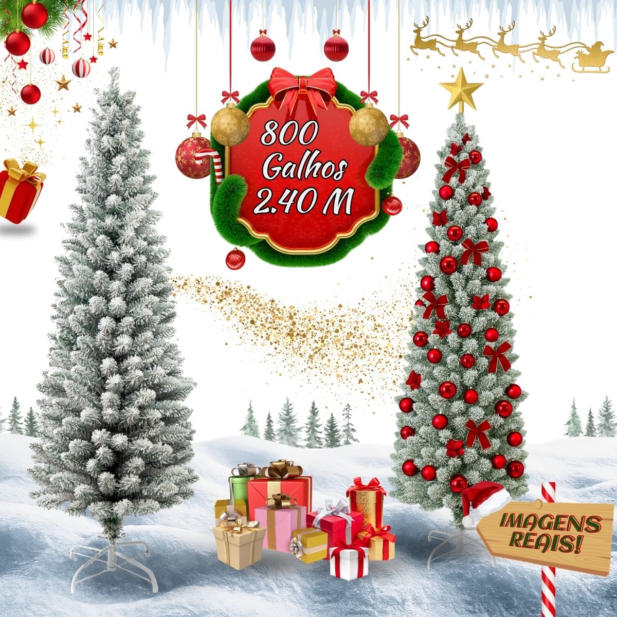 Árvore Natal Slim Nevada 2,40m 800 Galhos Pinheiro Tradicional Fina Luxo Cheia Luvinco